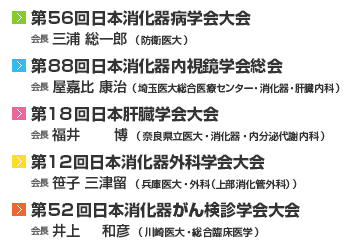 第56回日本消化器病学会大会
第88回日本消化器内視鏡学会総会
第18回日本肝臓学会大会 
第12回日本消化器外科学会大会
第52回日本消化器がん検診学会大会